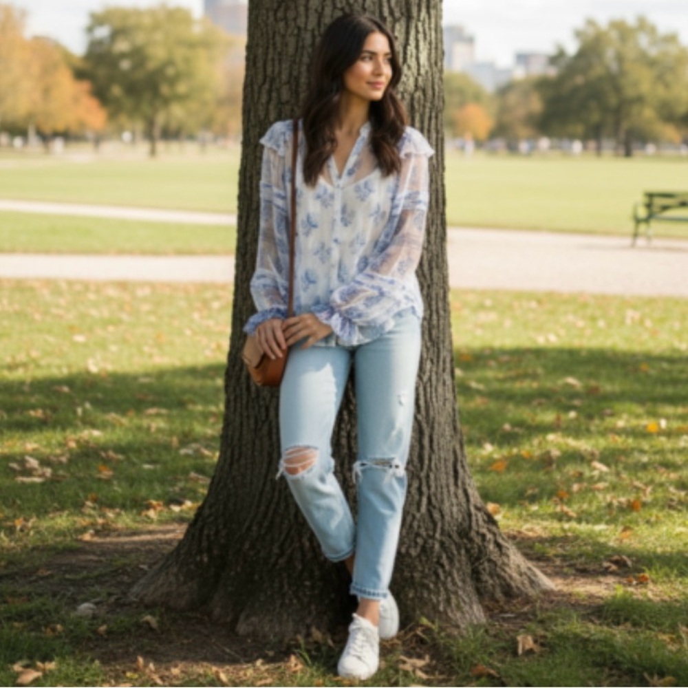 HEMANT AND NANDITA Blue/White Boho Top With Camisole Size Large $275 - Picture 6 of 16